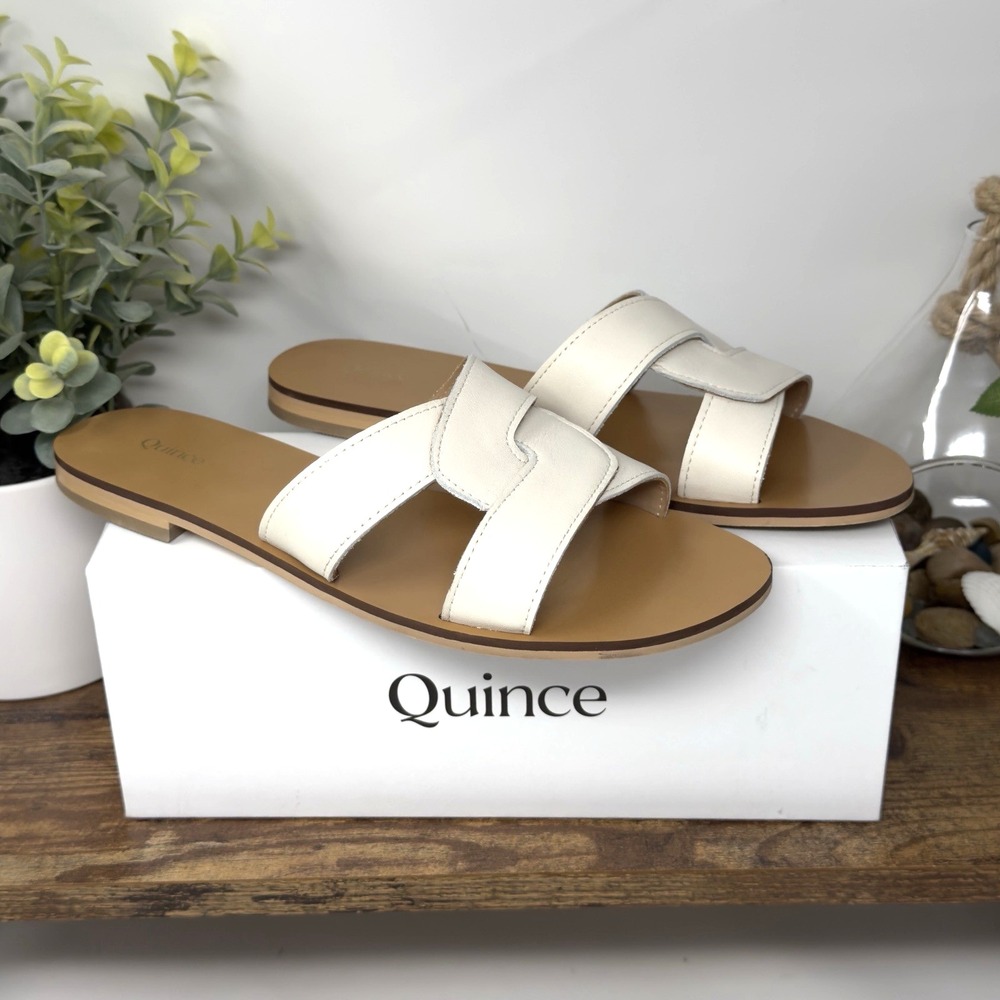Quince Italian Leather Cutout Slide Sandal Bone 6.5 IOB Slip On Everyday Comfort